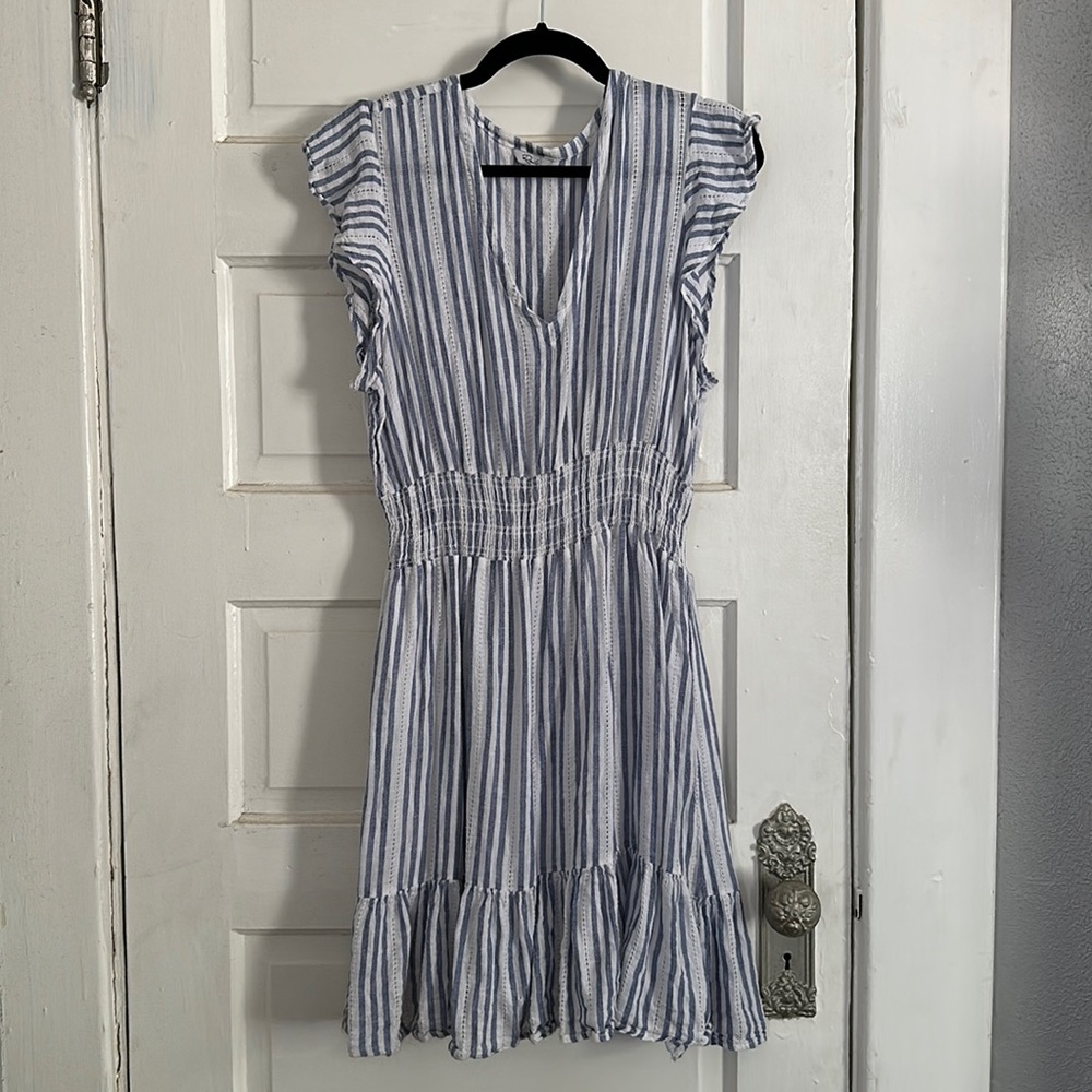 Blue striped linen dress with cinched waist
